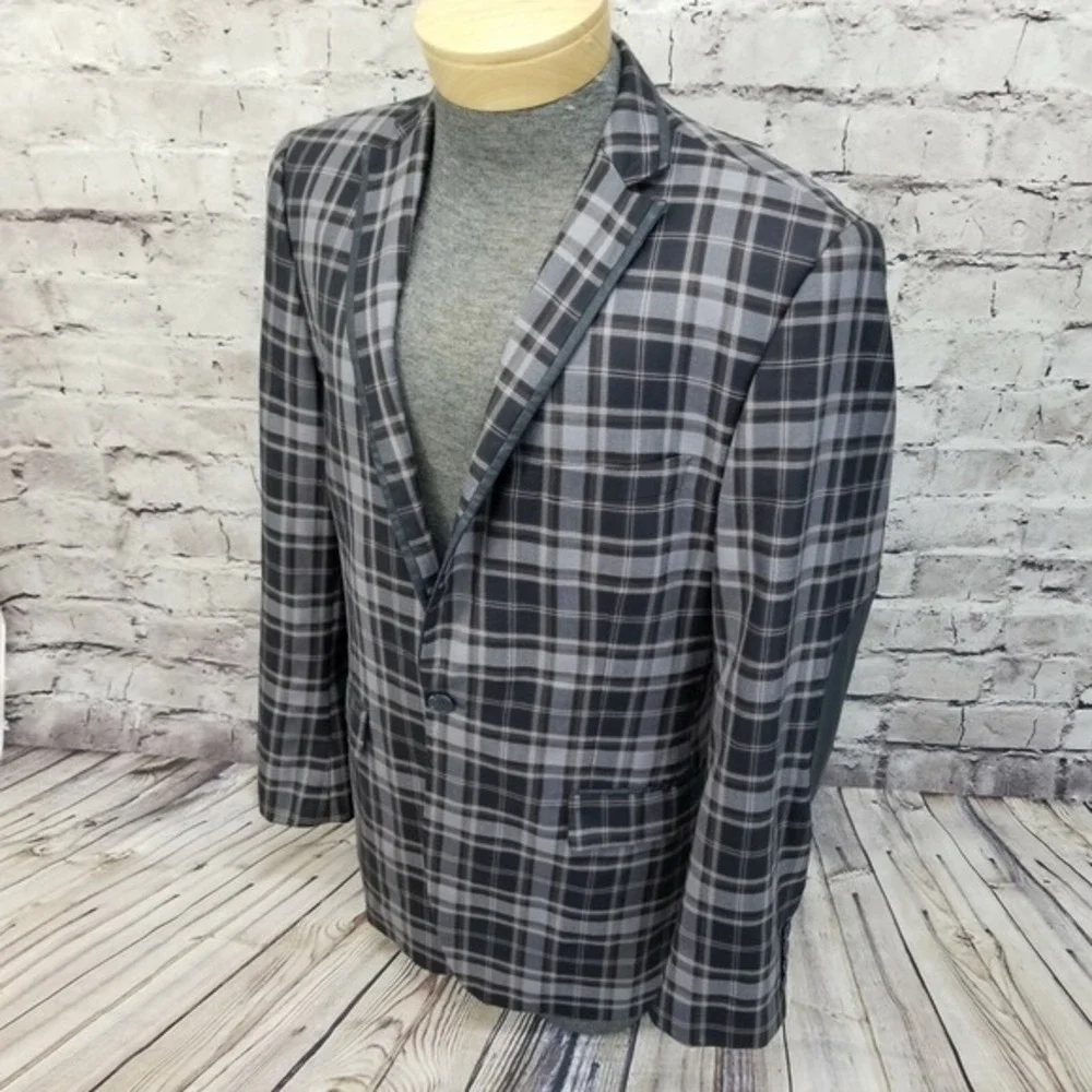 Lanzino Mens Plaid Blazer Navy Gray Elbow Patches Trim Two Button XL Windowpane‎